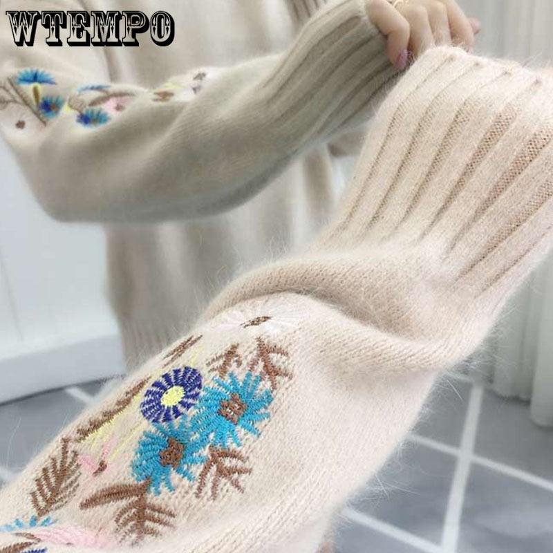 Women Knitted Sweater Floral Embroidery Thick Sweater - Azahshopping