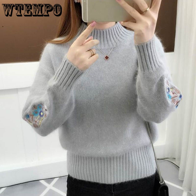 Women Knitted Sweater Floral Embroidery Thick Sweater - Azahshopping