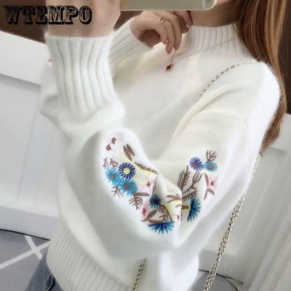 Women Knitted Sweater Floral Embroidery Thick Sweater - Azahshopping