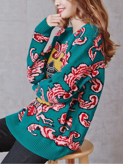Vintage Warm Thicken Sweaters Ufo Clouds Jacquard Pullovers