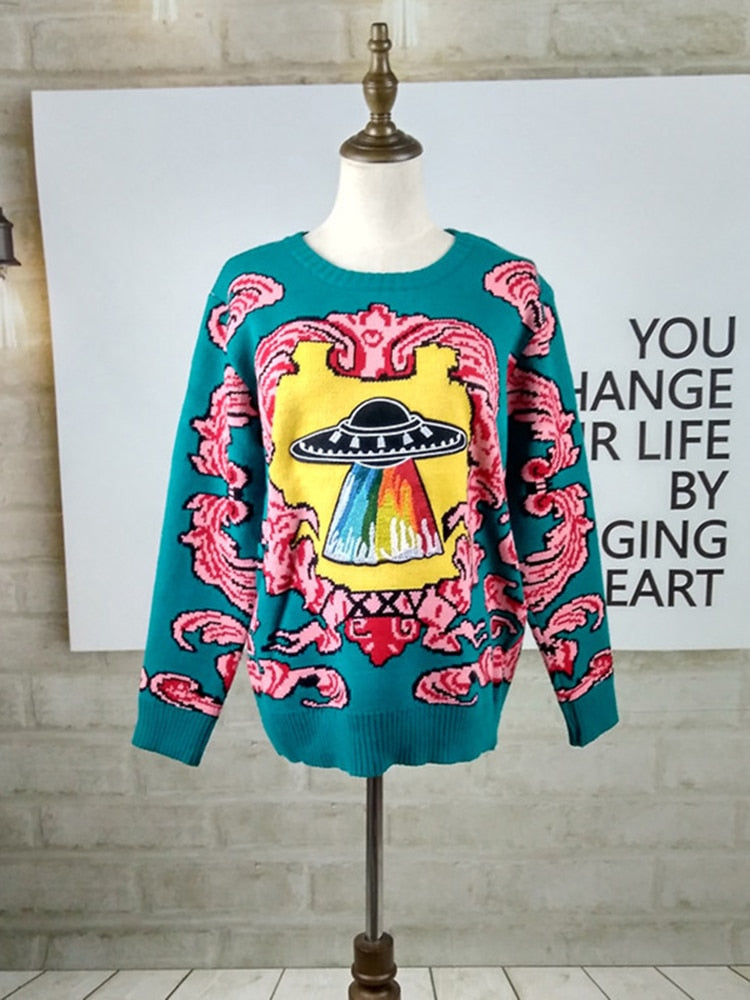 Vintage Warm Thicken Sweaters Ufo Clouds Jacquard Pullovers
