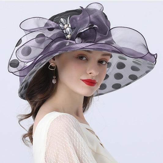 Women Summer Hat Black Dot Pattern Ruffle Wide Brim Ladies Organza Hat