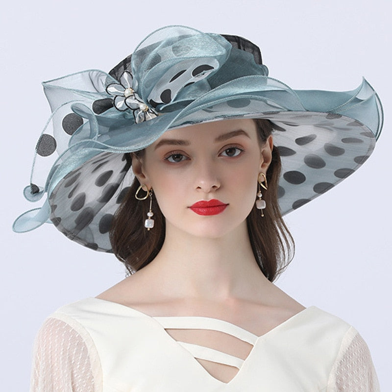 Women Summer Hat Black Dot Pattern Ruffle Wide Brim Ladies Organza Hat