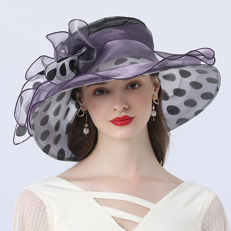 Women Summer Hat Black Dot Pattern Ruffle Wide Brim Ladies Organza Hat