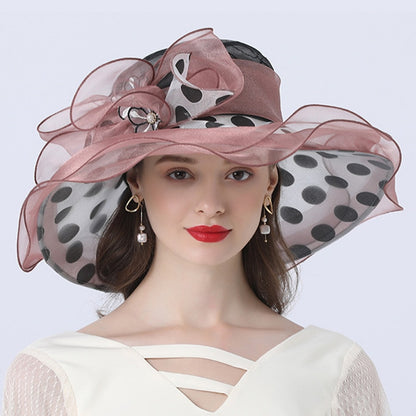 Women Summer Hat Black Dot Pattern Ruffle Wide Brim Ladies Organza Hat