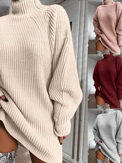 Turtleneck Oversized Knitted Long Sleeve Casual Elegant Mini Sweater Dress