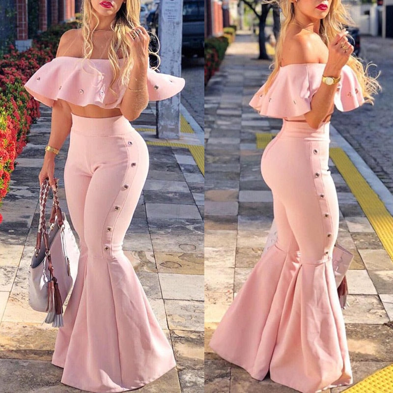 Off Shoulder Ruffle Crop Tops And Flare Pants