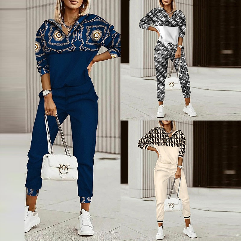 Fashion Chain Print Long Sleeve Top + Pencil Pants Set