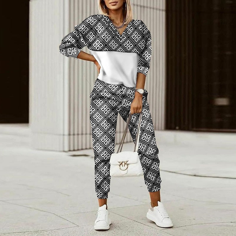 Fashion Chain Print Long Sleeve Top + Pencil Pants Set