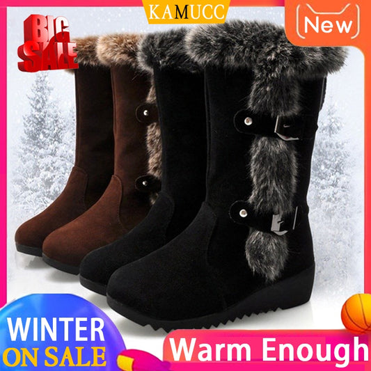 Women Winter Boots Flock Winter Thigh High Suede Mid-calf Boots