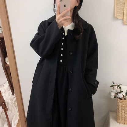 Long Coated Thickened Woolen Winter Coat For Women Black