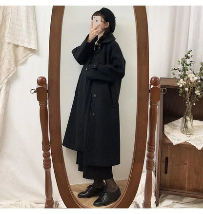 Long Coated Thickened Woolen Winter Coat For Women Black