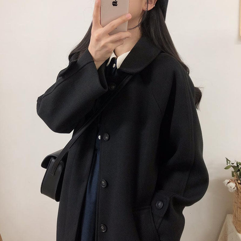 Long Coated Thickened Woolen Winter Coat For Women Black