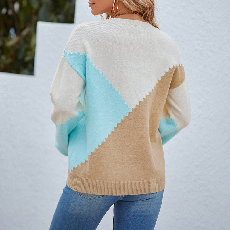 Lantern Sleeve Contrasting Colors Knitted Sweater for Women