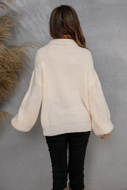Lantern Sleeve with Collar Zipper Sweater