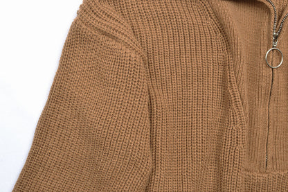 Lantern Sleeve with Collar Zipper Sweater