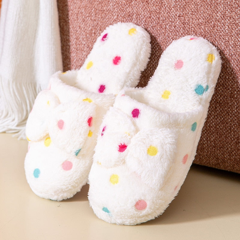 Home Slippers Cute Autumn Bow Warmth Thick Plush PVC Non Slip Leisure Shoes