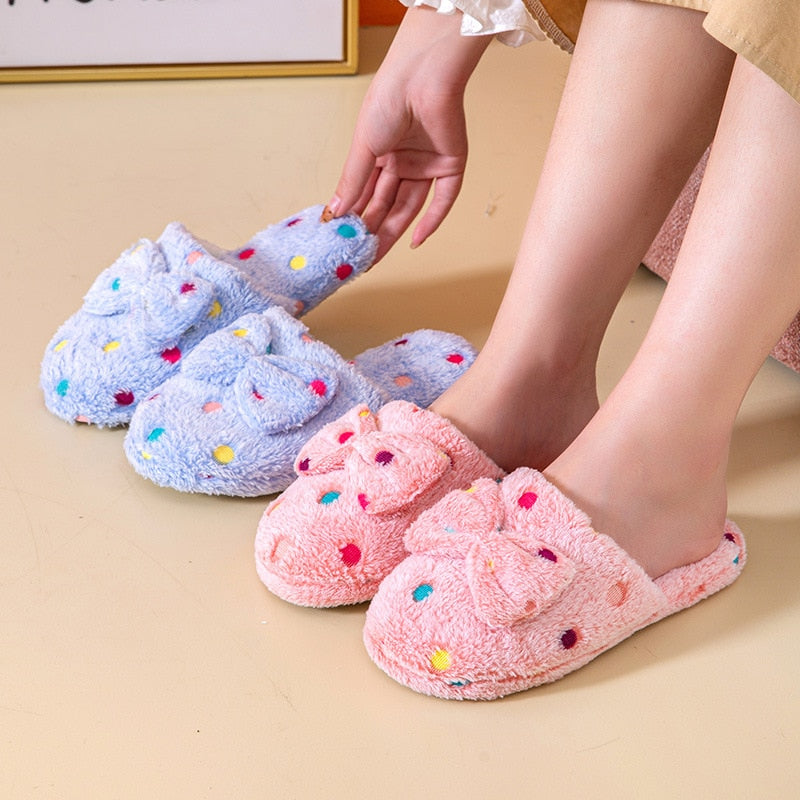 Home Slippers Cute Autumn Bow Warmth Thick Plush PVC Non Slip Leisure Shoes