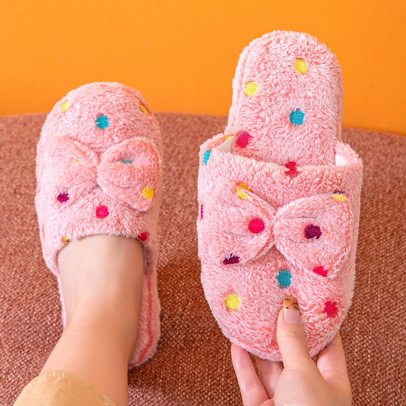 Home Slippers Cute Autumn Bow Warmth Thick Plush PVC Non Slip Leisure Shoes