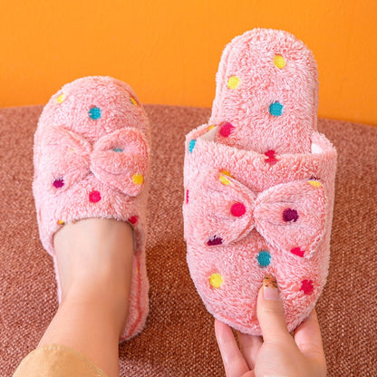 Home Slippers Cute Autumn Bow Warmth Thick Plush PVC Non Slip Leisure Shoes