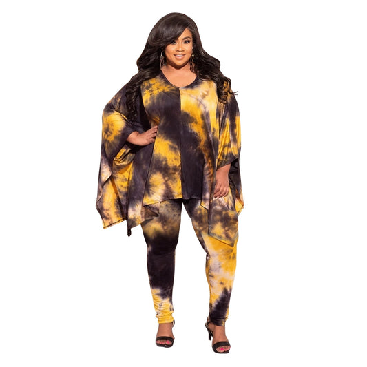 Tie Dye Leopard Camouflage Long Sleeve Top And Pant Suits - Plus Size Sets