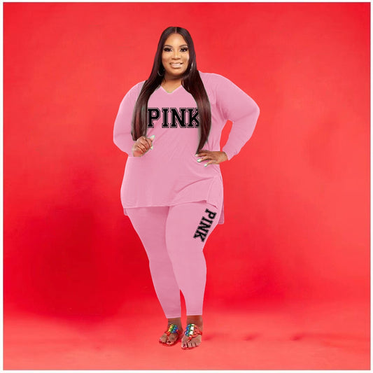 Two Piece Set Fashion Long Sleeve V Neck Top And Pants - Plus Size Sets
