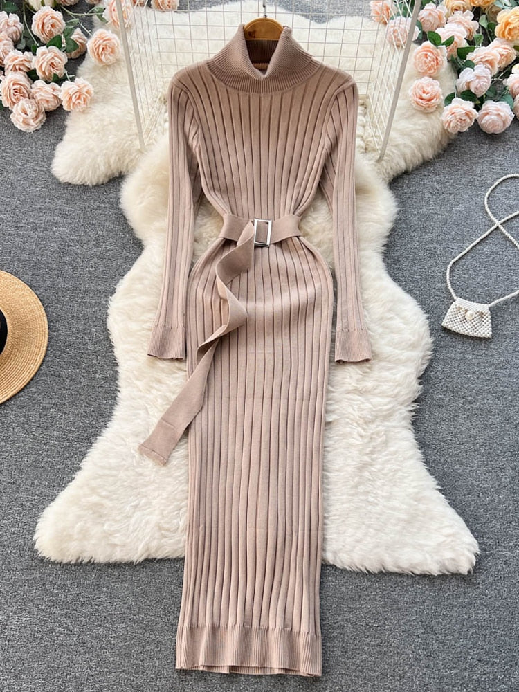 Winter Turtleneck Knitted Sweater Dress with Belt - Azahshopping