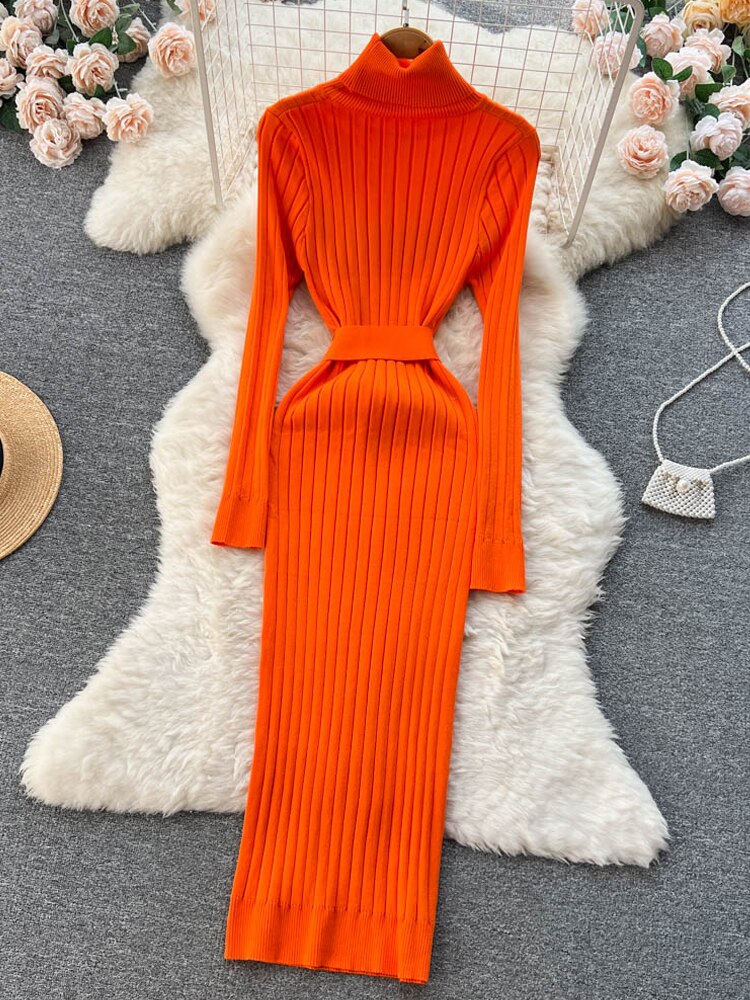 Winter Turtleneck Knitted Sweater Dress with Belt - Azahshopping