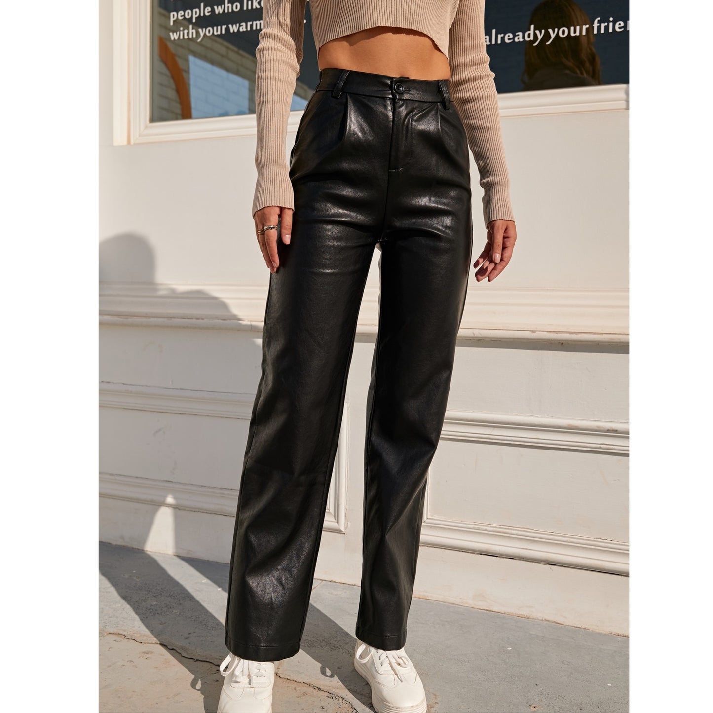 Leather Elastic Waist Cargo Pants - Azahshopping