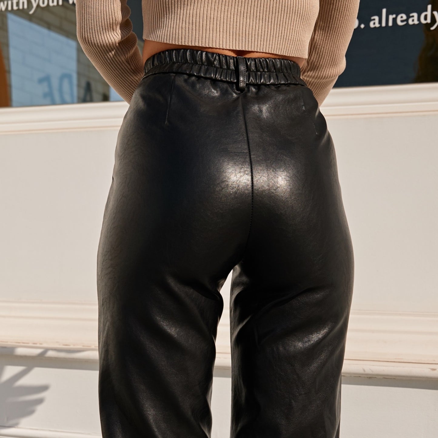 Leather Elastic Waist Cargo Pants - Azahshopping