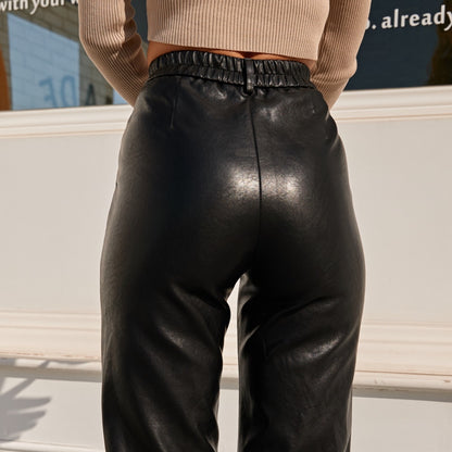 Leather Elastic Waist Cargo Pants - Azahshopping