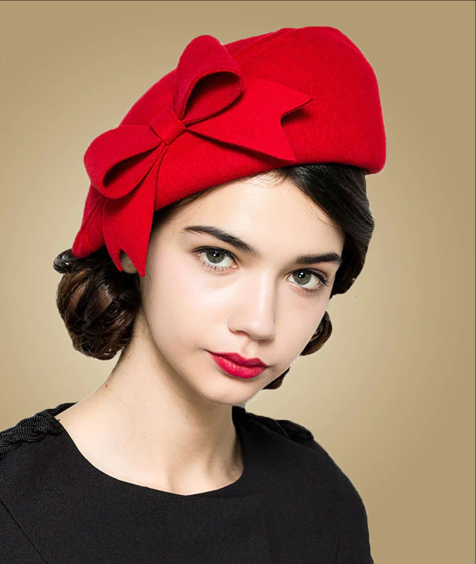 Wool Fascinators Fedora Women Red Church Hats White Black Wedding Ladies Hat Felt Bow Berets Caps Pillbox Hat