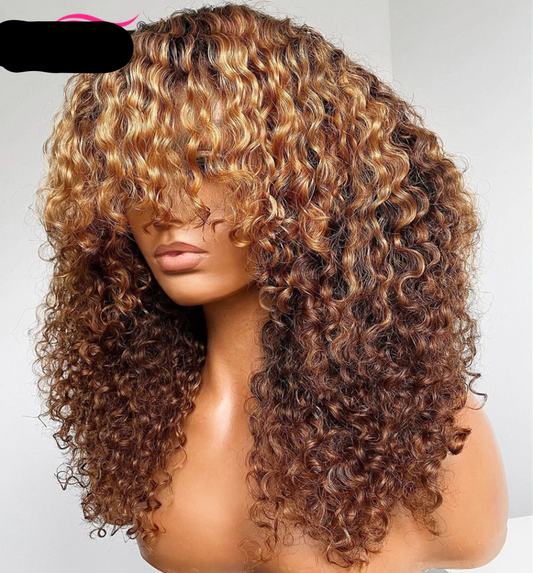 Highlight Blonde Jerry Curly Human Hair Wig with Bangs Glueless Full Machine Made Brazilian Curly Colored Wig for Women Remy|Full Machine Wigs|