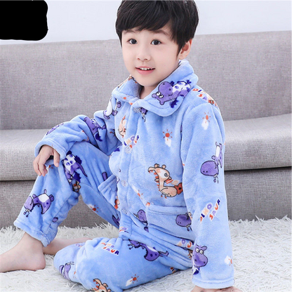 Winter Thicken Warm Home Wear Cartoon Lapel Long Sleeve Pajama Sets