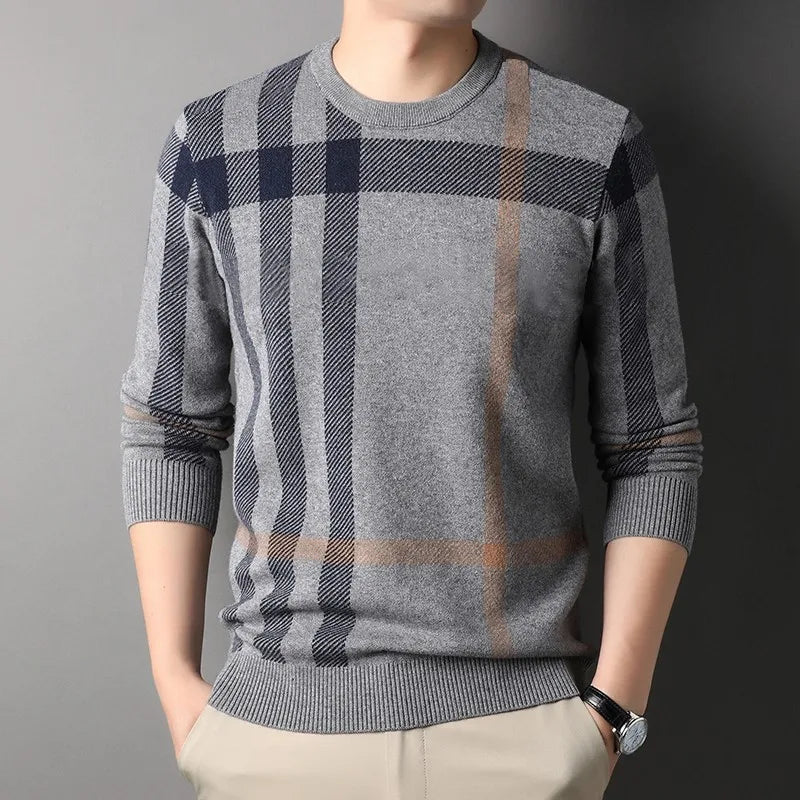 Men's Classic Plaid Wool Knit Sweater - Long Sleeve Pullover