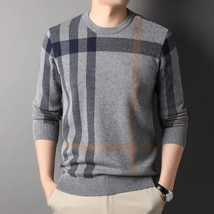 Men's Classic Plaid Wool Knit Sweater - Long Sleeve Pullover