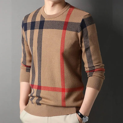 Men's Classic Plaid Wool Knit Sweater - Long Sleeve Pullover