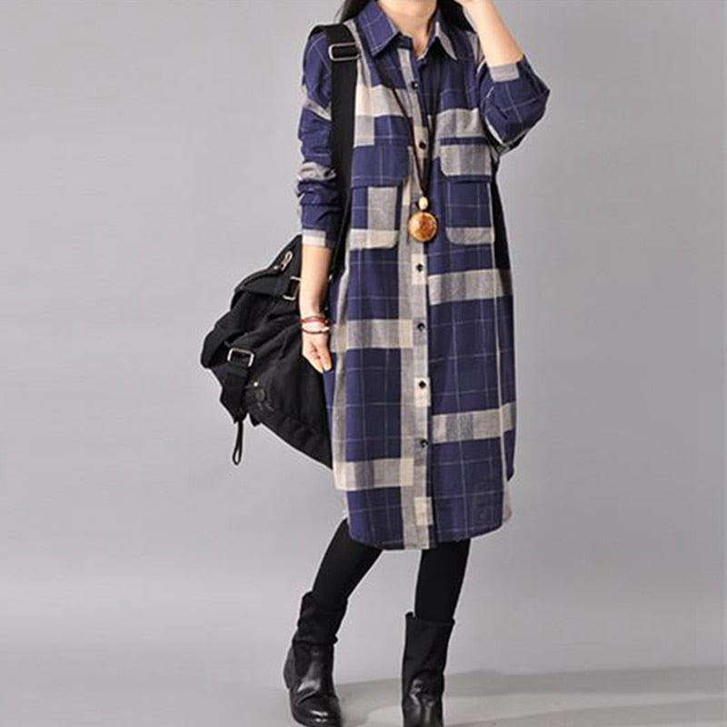 Vintage Kimono Long Plaid Shirt for Women - Azahshopping