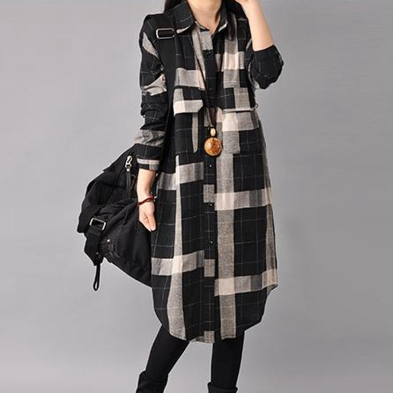 Vintage Kimono Long Plaid Shirt for Women - Azahshopping