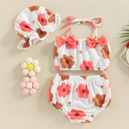 Baby Girls Three Piece Swimsuits Floral Print Halter with Cap