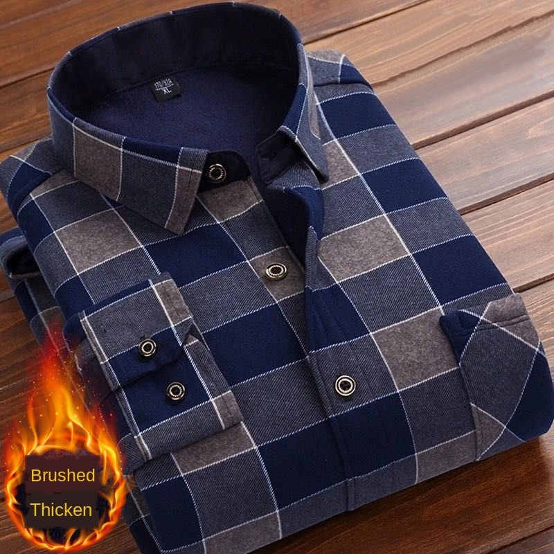 Men Long Sleeve Fleece Warm Plaid Oversized