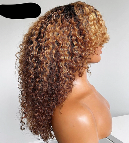 Highlight Blonde Jerry Curly Human Hair Wig with Bangs Glueless Full Machine Made Brazilian Curly Colored Wig for Women Remy|Full Machine Wigs|