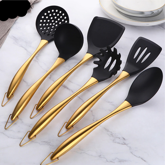 Gold Cooking Tool Set Silicone Head Kitchenware Stainless Steel Handle