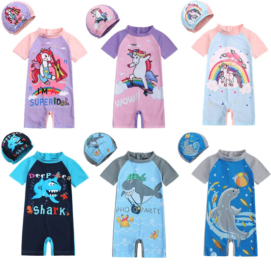Kids Swimwear Suit Clothes 2Pcs Cap+Bodysuit Toddler