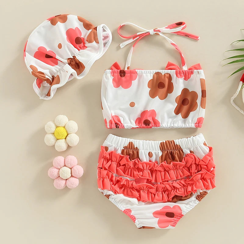 Baby Girls Three Piece Swimsuits Floral Print Halter with Cap