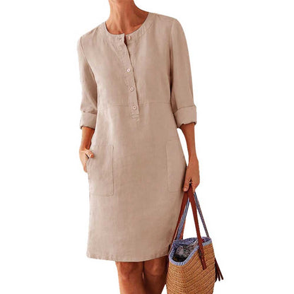 Cotton Linen Dress Spring Vintage Long Sleeve