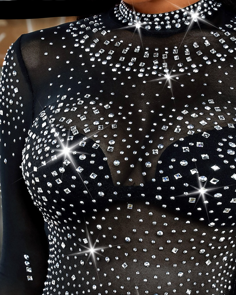 Women Sexy Mesh Transparent Bling Rhinestone Bodysuits Glitter Long Sleeve