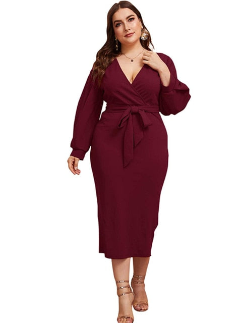 Elegant Long Sleeve Plus Size Deep V Lace Up Midi Bodycon - Plus Size Dress