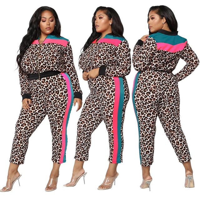 Two piece Sets Sexy Leopard Jacket + Pants Suit Casual Splicing Large Size Outfits