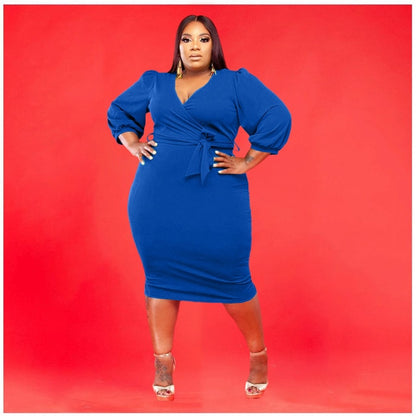 Elegant Long Sleeve Plus Size Deep V Lace Up Midi Bodycon - Plus Size Dress